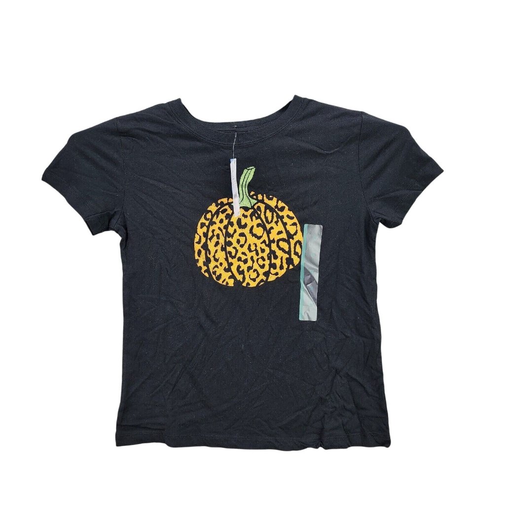Womens Mighty Fine Black Leopard Print Pumpkin T Shirt Short Sleeve Halloween M
